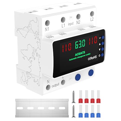 Automatic Transfer Switch 63A 110V, Auto Manual Changeover Switch DIN Rail Mount, 2P Dual Power Mini ATS with LED Display for Home Generator & Gas Furnace, Adjustable Voltage 50/60Hz CE Certified