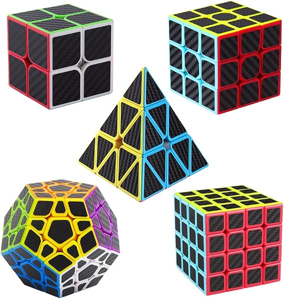 Roxenda Speed Cube Set, [5 Pack] Magic Cube Bundle of 2x2 3x3 4x4 Megaminx Cube and Pyramid Cube Smoothly Carbon Fiber Sticker Speed Cubes Collection for Kids Teens & Adults