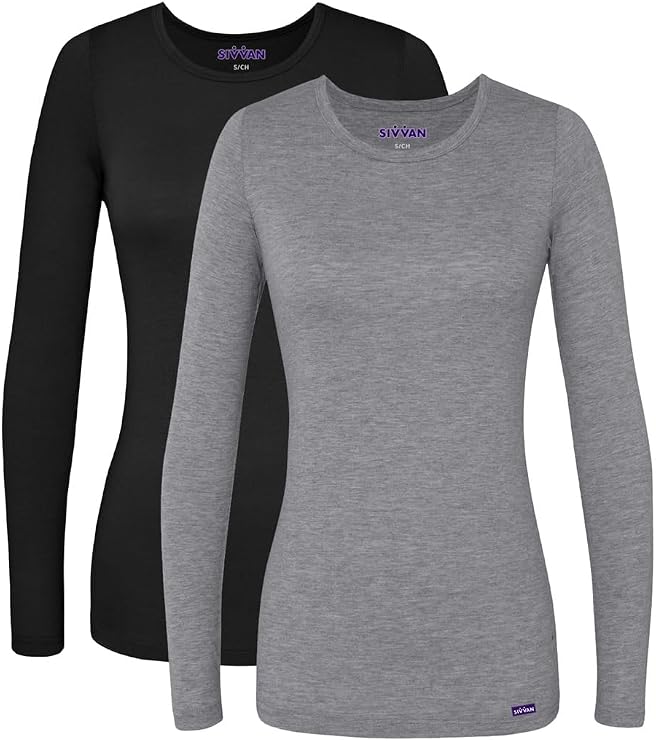 Sivvan Scrubs for Women - Long Sleeve Comfort Underscrub Tee Multicolor 2-Pack - S85002M - Black/Dark Marl Gray - 2X