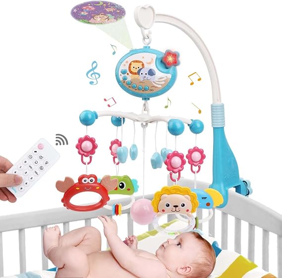 Baby Crib Mobile with Music and Light, Crib Toy with Remote Control & Timming Function, Projector Rotating Hanging Rattles Toys Baby Mobile Gift Toy for 0-24 Moths Boys and Girls