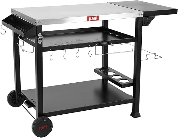 Feasto 40x26 Outdoor Grill Cart, Stainless Steel Tabletop, 3-Shelf Rolling