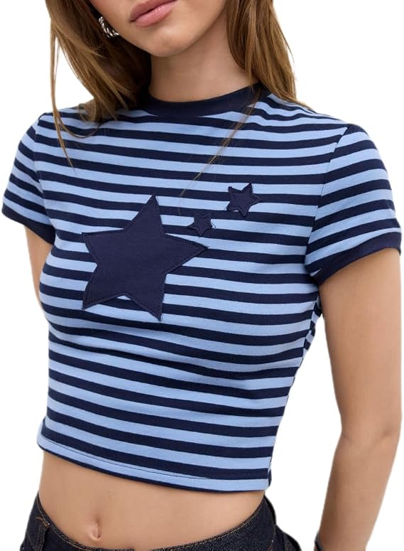 Retro Graphic Baby Tees Women Y2K Short Sleeve Crewneck Vintage Aesthetic Crop Tops Teen Girls Summer Slim Shirts