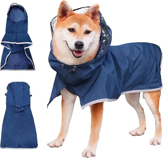 Dog Raincoat, Water Resistant, Adjustable, Cool Design (Dark Blue, Large)