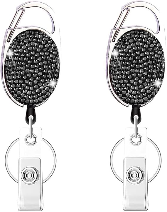 2 Pack Retractable Badge Reels with Bling Rhinestone,Belt Clip & Key Ring Durable ID Badge Holder for Office, Nurses, Teachers & Students (Black)
