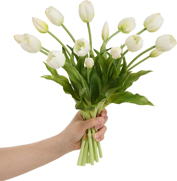 15 Pcs White Tulips Artificial Flowers Faux Tulips Real Touch Latex