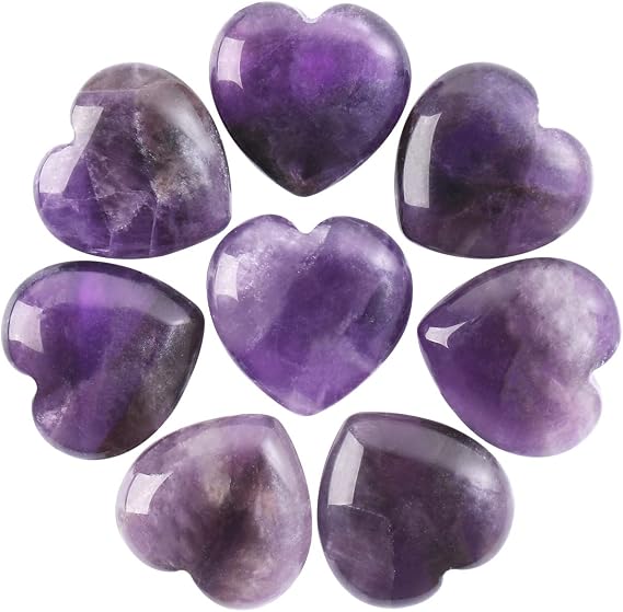 CASMON 8 Pcs Natural Amethyst Heart Love Stones (1 Inches), Puff Hearts Healing Palm Crystal Set with Gift Box for Chakra Reiki Home Decor