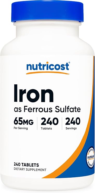 Nutricost Iron (As Ferrous Sulfate) 65mg, 240 Tablets, Gluten Free