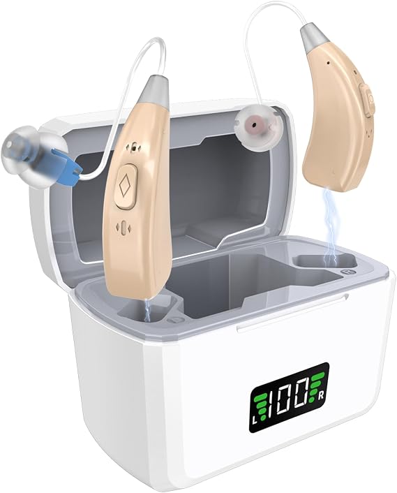 Rechargeable Hearing Aids, 16-Channel Digital OTC Hearing Aid for Seniors | with Noise Reduction, 5-Level Volume Control, 3 Modes, Auto-On/Off, Long-Lasting Battery, Portable Behind-the-Ear Aid