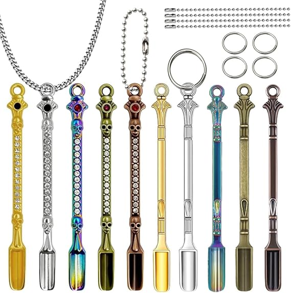 10Pack Mini Spoons Metal Tiny Spoon Shovels with Keychain and Necklace | Rhinestone Skull Shovels Keychain Medicine Spoon Pendants Alloy Small Spoon for Home Kitchen Spices DIY Craft