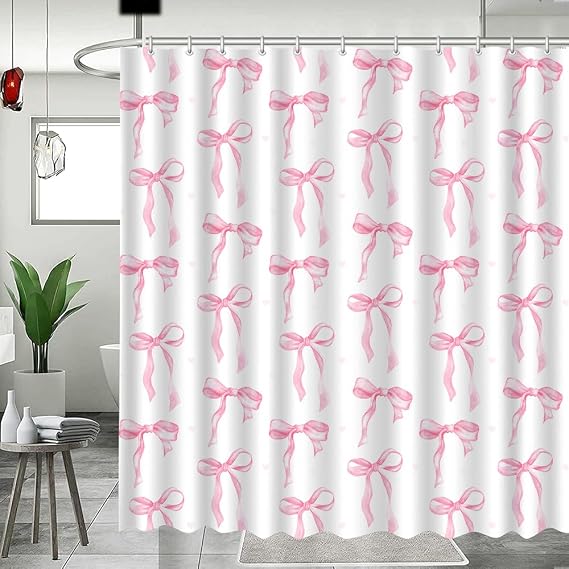 MEHOFOND Pink Bow Shower Curtain,Cute Bowknot Shower Curtain for Girls,Castle Princess Style Bow-tie Romantic Bathroom Decorations,Kawaii Watercolor Bow Tie Bathroom Curtains for Kids Teens 72x72 in
