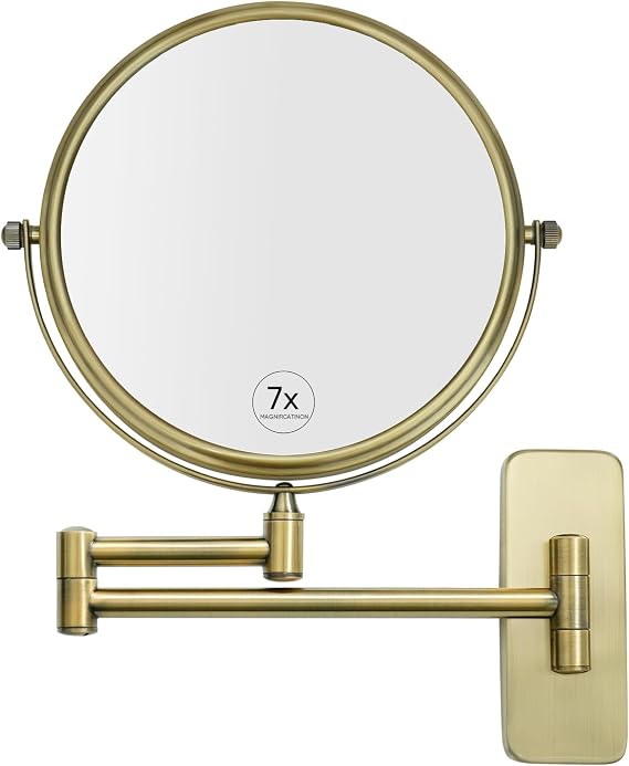 GURUN 8-Inch Double-Sided Wall Mount Makeup Mirror Antique Satin Brass with 7X Magnification Bathroom Mirror for Hotel Antique Satin Brass M1406K(8in,7X) for Women Mom