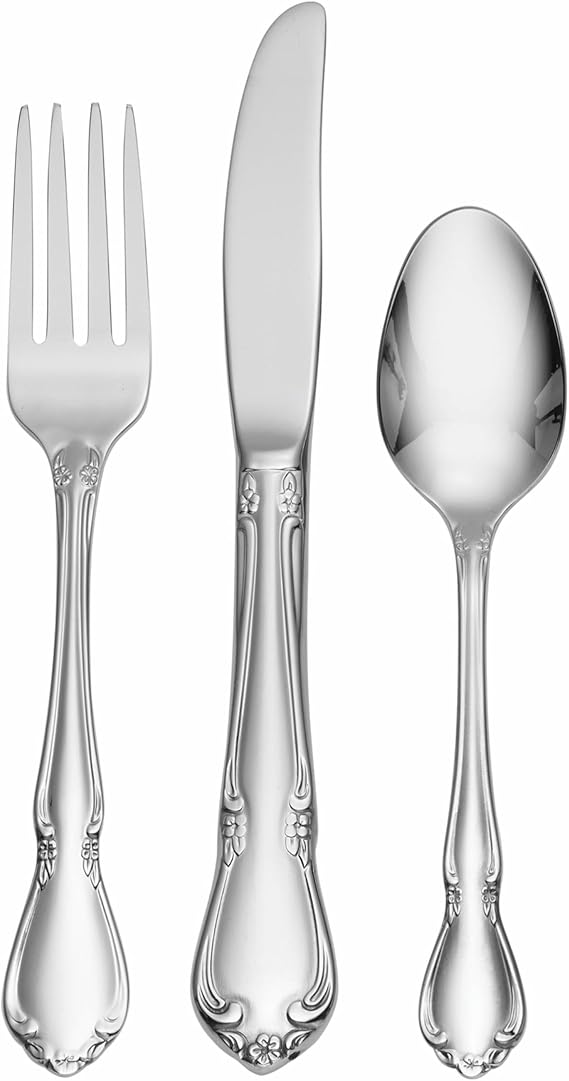 Oneida Silverware Set, Chateau 3-Piece Child Flatware Set, Service For 1, 18/10 Stainless Steel, Dishwasher Safe, Child Fork Spoon and Knife, Length: 5.2 to 6.8-Inch, Kids Silverware (Silver, 3 Piece)
