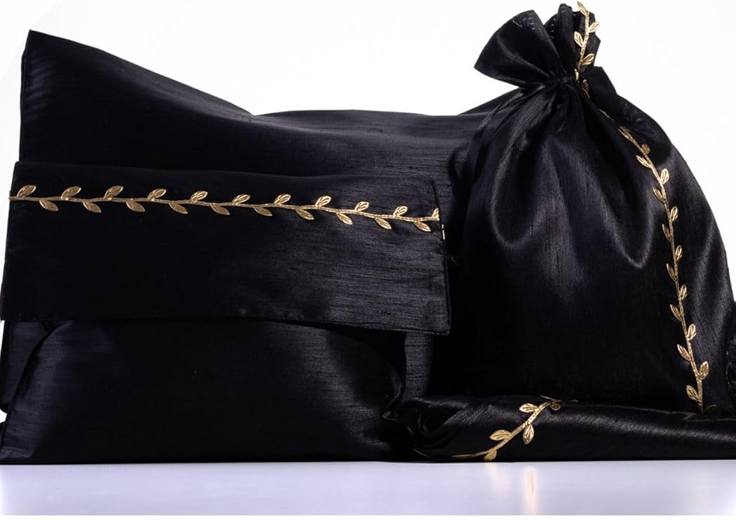 4 Piece Dowry Set of Bimotif Ottoman Silk, Black Beige