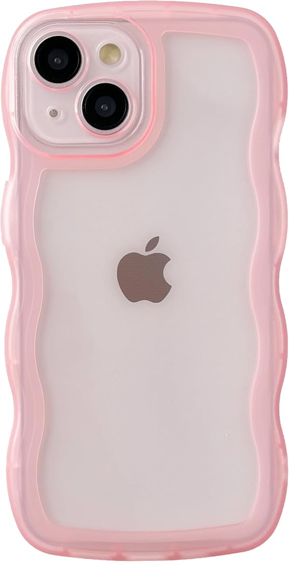 Caseative for iPhone 14 Case, Pink | Solid Color Curly Wave Frame Clear Soft