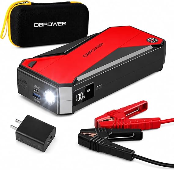 DBPOWER Peak 3000A 18000mAh Portable Car Jump Starter (up to 8.0L Gas, 6.0L Diesel Engine) Battery Booster with Smart Charging Port, Compass, LCD Screen and LED Light (Black/Red)