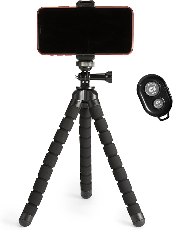 Amazon Basics Portable and Flexible Tripod with Wireless Remote and Smartphone Clamp, 10-inch, Black