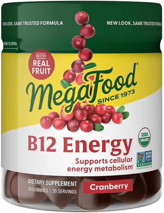 MegaFood Vitamin B12 Energy Gummies, USDA Organic, Cranberry, 70 Gummies