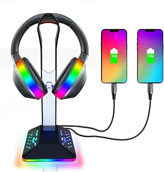 RGB Headphone Stand with 2 USB 2.0 Extension Charging Port Extender Cord,Desk Gaming Headset Holder,Cool LED Headphone Holder PC Gaming Accessories,Gamer Gifts