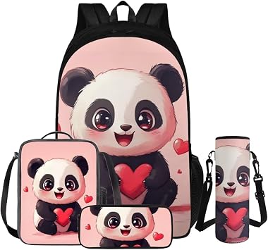 Pink Panda Bookbags for Girls Large Capcity Kids Backpack with Lunch Box Pencil Case Teen Girls Primary Middle School Bag Shoulder Satchel Daypack Rucksack for Traveling Hiking Camping
