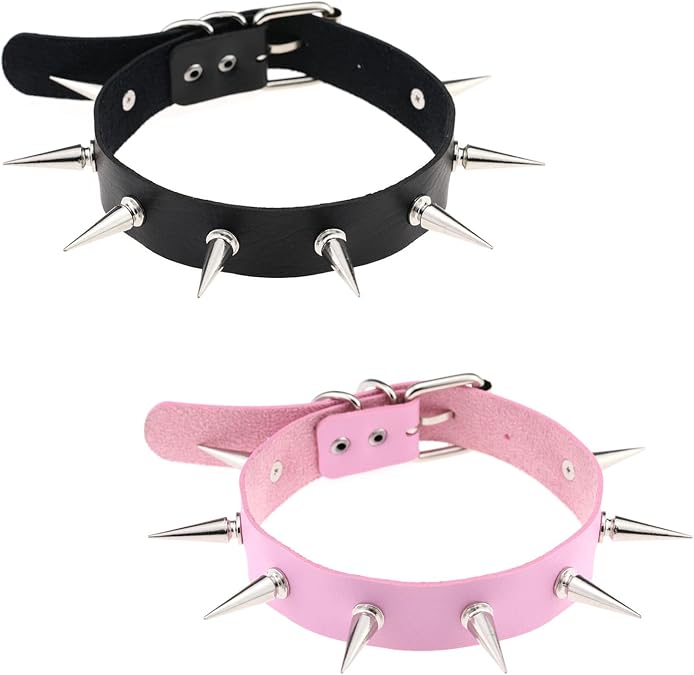 PU Leather Punk Rock Gothic Spikes Rivets Choker Collar Necklace (Black and Pink)