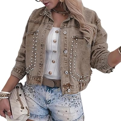 cffvdiz Womens Long Sleeve Denim Jacket Button Down Cropped Studded Punk Jean Jacket Coats