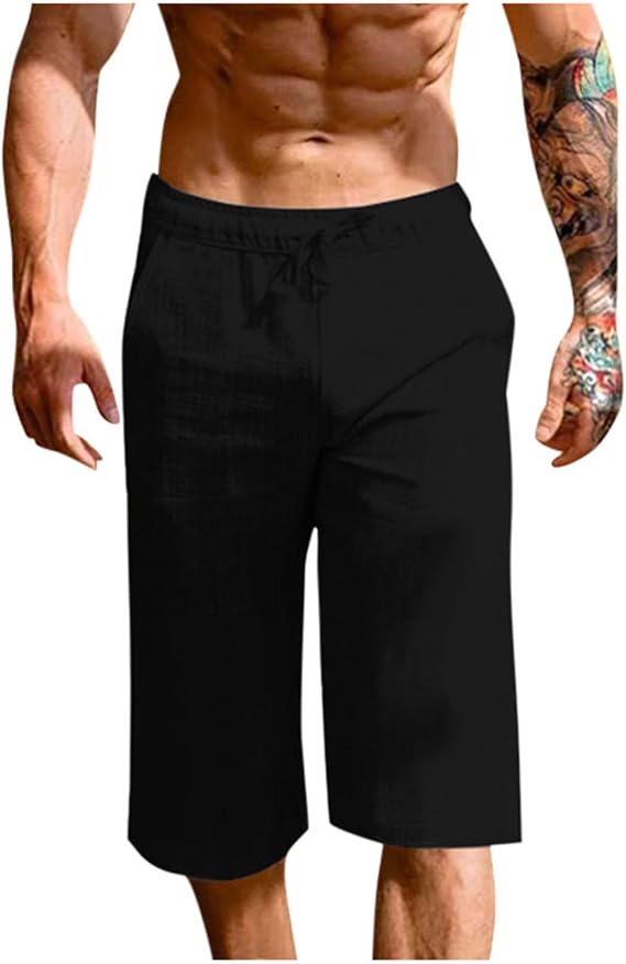 White Linen Pants Men Elastic Waist Drawstring Loose Fit 3/4 Length Summer Casual Breathable Capris