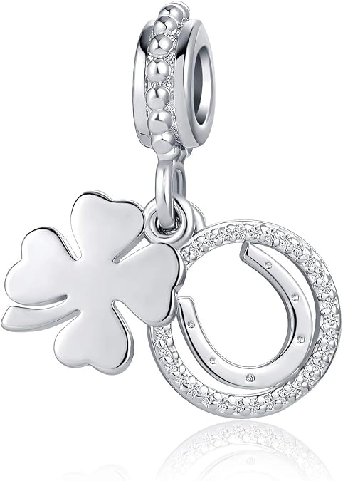 Silver Horseshoe Charm fits Pandora Bracelet Necklaces Pendants Bead Four-Leaf-Clover Lucky Charm Gift for Women Birthday Jewelry Gifts