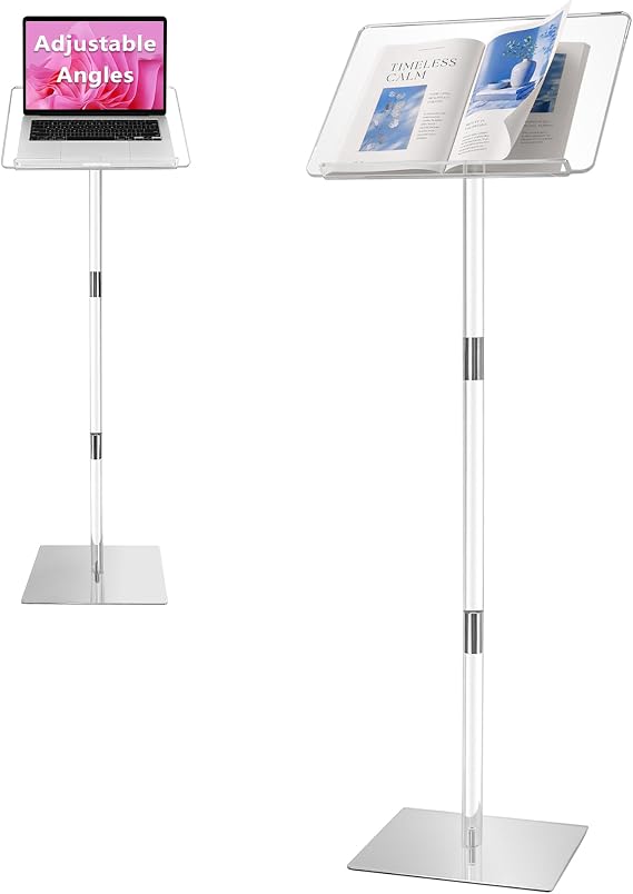 Podium Stand, Lecterns & Podiums, Acrylic Podium, Portable Podium Stand, Adjustable Angles with Metal Base, Podium for Classroom, Church, Weddings, Speech, 16" L x 12" W x 48" H, Clear