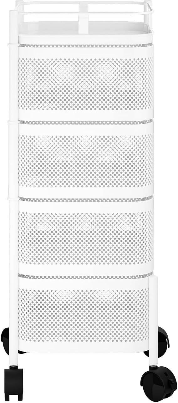 Kitchen Storage Cart on Wheels, 5-Layer Rotating Trolley Fruit Basket Storage Container Fruit Vegetable Metal Wire Shelf with Top Lid for Living Room Kitchen White 4-Layers