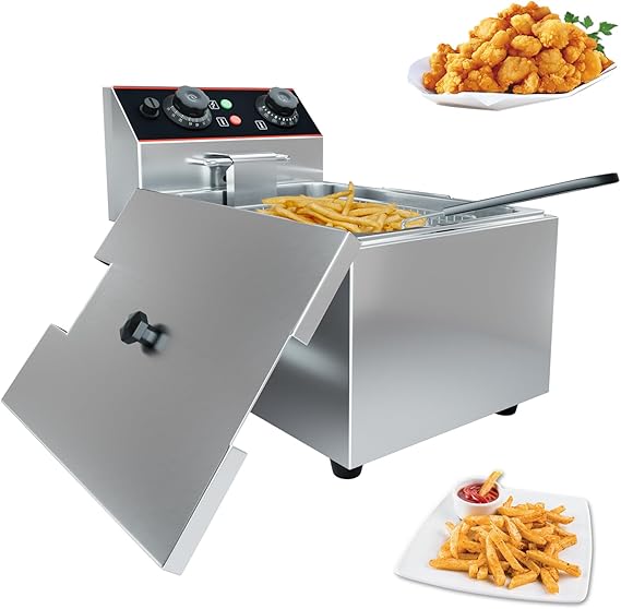 Stainless Steel Commercial Deep Fryer, Countertop Electric Oil Fryer with Detachable Basket and Lid, Adjustable Temperature Control for Home and Restaurant Use, 6 L with Single Basket
