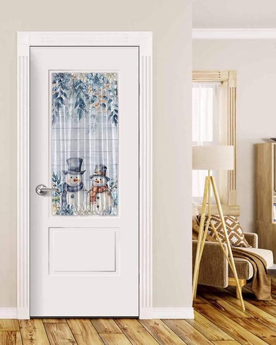 Blue Snowman Christmas Black Out French Door Curtains for Door Window, Vintage Botanical Xmas Snowflake Rod Pocket Drapery Curtain Panel with Tiebacks for Front Back Doors, 25"x40"