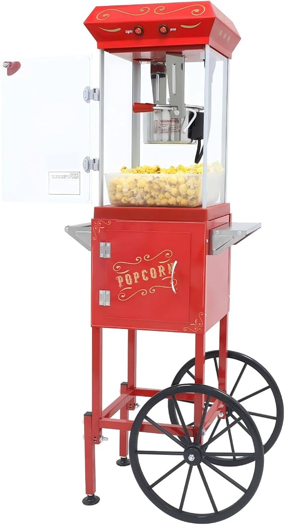 Popcorn Machine 8oz with Cart & Wheels - Popcorn Maker Machine Movie Theater Style for Home, Parties, Christmas, Outdoor Use, Red