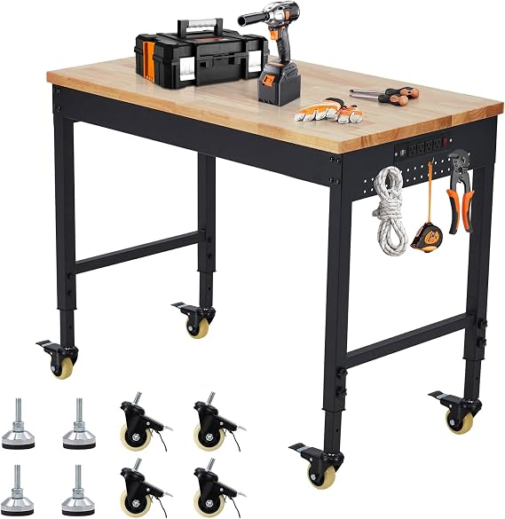 Workbench 48x24 Inch, Adjustable Height Worktable for Garage, Rubber Wood Top & Cold-Rolled Steel Table Workbench, Heavy Duty Workstation with Power Outlets & Wheels, 2000 Lbs Load Capacity