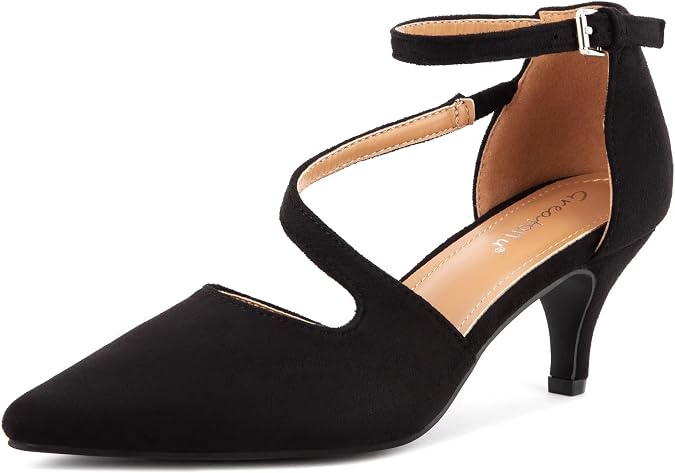 Greatonu Women's Low Heeled Closed Pointed Toe Pumps Kitten Heel Cross Strap Wedding Bridal Party Office Dress Shoes