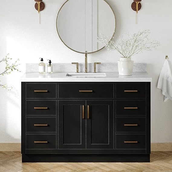 ARIEL Hepburn 54-inch Bathroom Vanity with Sink,Solid Wood, 1.5-inch Italian Carrara Marble Countertop, Single Rectangular Porcelain Sink, 2 Soft Closing Doors, 9 Dovetail Drawers, Black