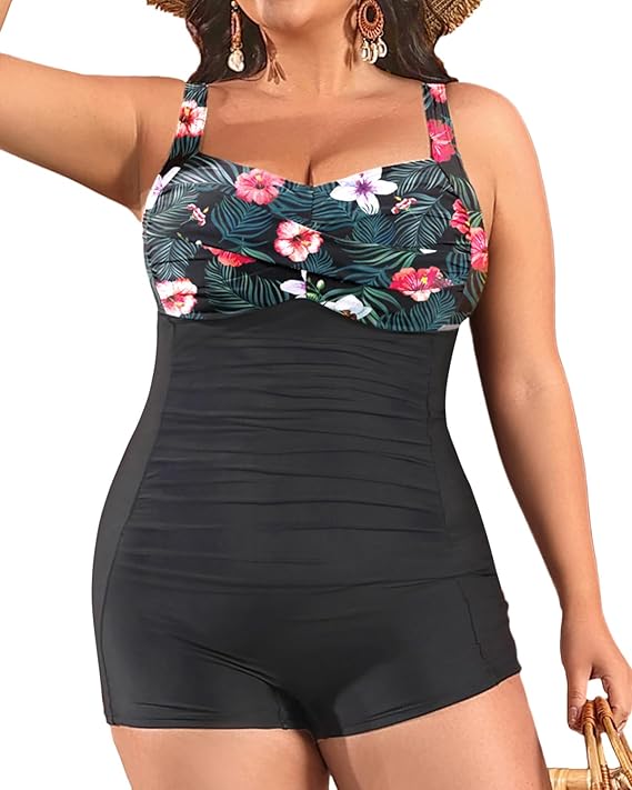 Daci Plus Size One Piece Swimsuit for Women Tummy Control Ruched Bathing Suit Retro Swimwear