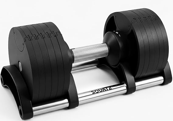 SQUATZ Adjustable Dumbbells with Quick Weight Change, Space-Saving Dumbbell Set with AntiSlip Handle, Secure Locking System, HeavyDuty Plates & Base for Home Workout and Strength Training
