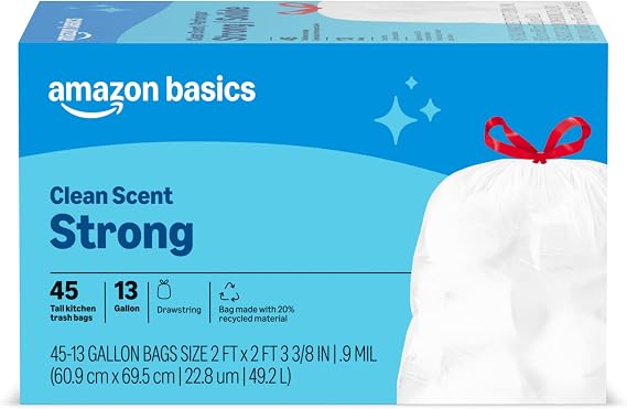 Amazon Basics Tall Kitchen Drawstring Trash Bags, Clean Fresh Scent, 13 Gallon, 45 Count, Packaging May Vary