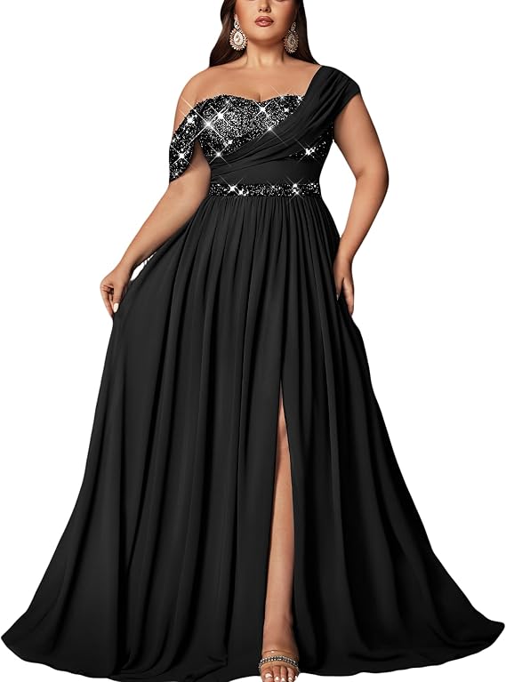 Women Sequin Plus Size Bridesmaid Dresses Formal Evening Prom Dress | One Shoulder Chiffon A Line Maxi Gown,High Slit Curvy Elegant Summer Dress,Wedding Guest Cocktail Party Mother of the Bride