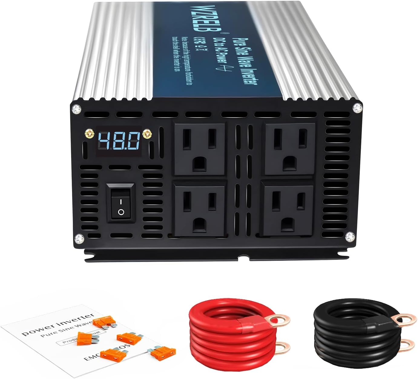WZRELB 1800W Pure Sine Wave Inverter 48V DC to 110V 120V AC Power Converter with LED Display, Off-Grid Portable Power Inverter with 4 AC Outlets for Home, RV, Truck, Camping