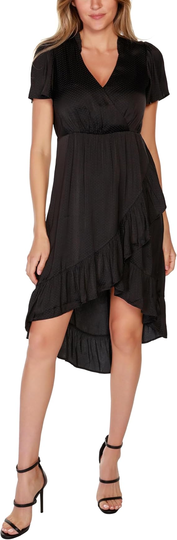 Belldini Black Label Petite Solid High Low Ruffle Hem Dress Black PL