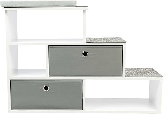 PetFusion Pet Step Window Perch Bookshelf w/ Storage Baskets 28 Tall Dog and Cat Perch, 8 Stair Height Multi-Functional Modern Furniture w/ Carpeted Step Pads & 1 Thick Premium Foam Pad