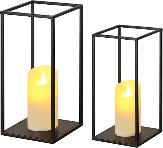 Eufrozy Lanterns Decorative Indoor Set of 2 Black Metal Lantern Candle Holder, Modern Farmhouse Lantern Decor for Christmas Living Room Fireplace Mantle Home Outdoor Patio Table Wedding Porch