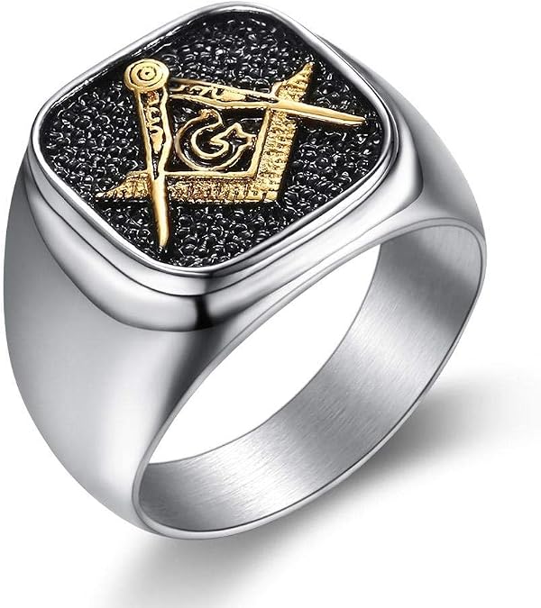 Mens Stainless Steel Silver With Gold Freemason Masonic Lodge Ring Size 7-15