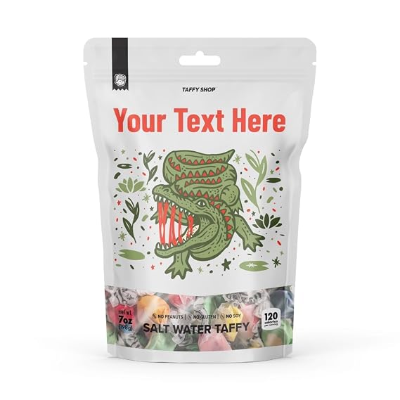 Taffy Shop Chomp Chomp Personalized Salt Water Taffy Gift Bag -7 oz (30 Pieces), Gourmet Soft Chewy Candy, Individually Wrapped, Made in USA - Customize Your Gator Bag Design, Text & Flavors