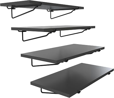 HUHOLE 4 Pack Black Pegboard Shelf 16 x 8 Inch Wooden Peg Board Shelving with Metal Brackets Heavy Duty Pegboard Shelves for Garage Craft Room and Retail Display Fits Standard 14 Inch Pegboards