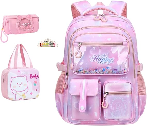 4Pcs Pink Girls Backpacks - Sequin Girls Bookbag Kawaii Bookbag School Shoulders Laptop Bag Daypacks for Students Teen Kids Casual Travel (Pink)