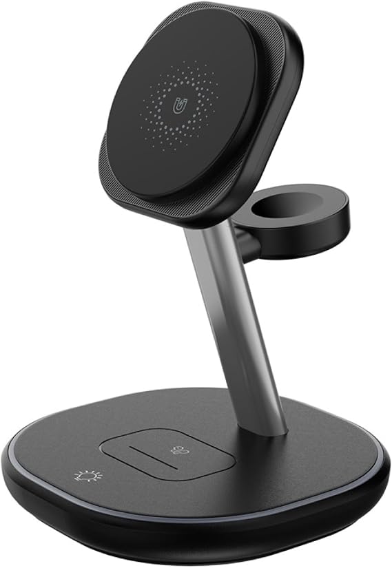 3-in-1 Charging Stand with Magnetic Alignment 15 W Wireless Charger Dock for Multiple Devices, LED Accent Light & Foldable Viewing Design