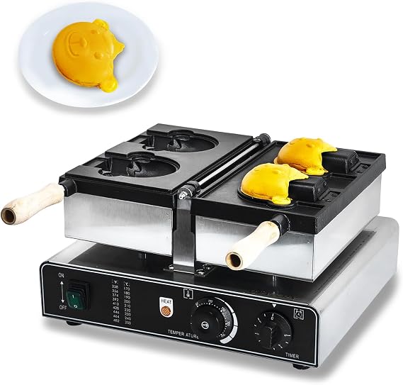 Bear Shaped Waffles, Ice Cream Waffle Cone Maker, Non-Stick Rotatable Waffle Baker Machine With 122-572F Temp Range and Time Control, Teflon-Coated Baking Pan Stainless Steel Body