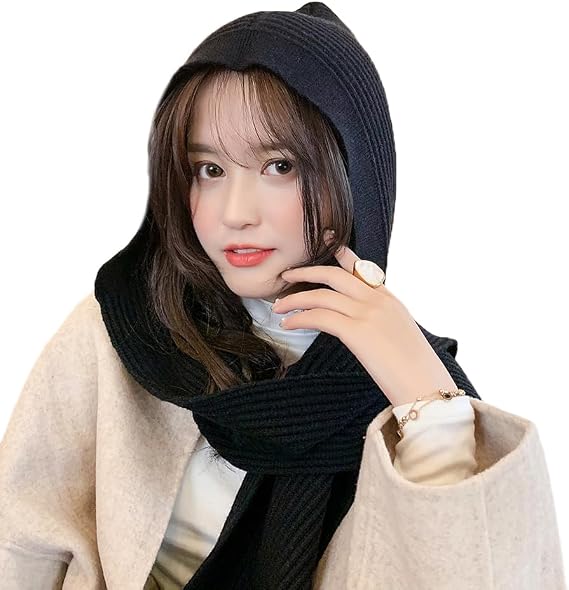 Topwon Women Winter Hooded Hat with Scarf Attached Crochet Knit Shawl Pullover Neckwarmer
